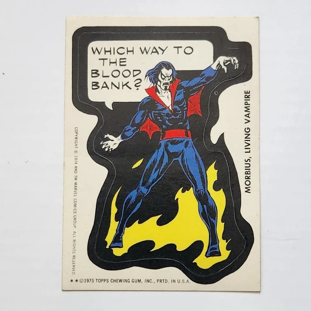 🧛‍♂️VINTAGE 1975 Topps Marvel Comic Book Heroes MORBIUS Sticker - Rare Tan Back